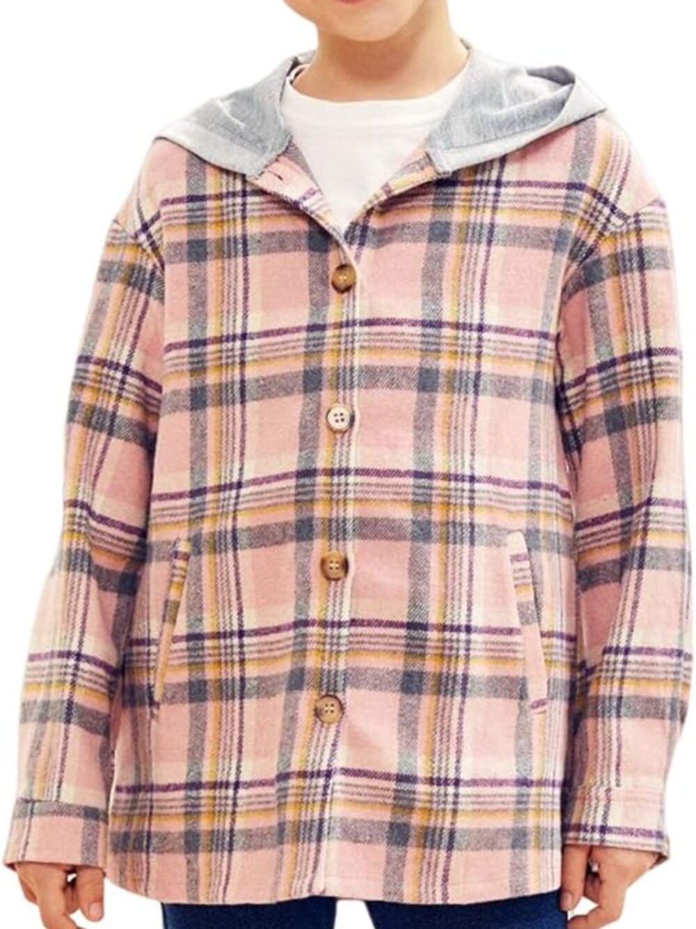 Pink Plaid Flannel Hooded Jacket Button Down Shirt Top